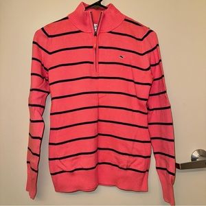 Vineyard Vines Salmon Pink Navy Striped Quarter Zip Sweater Pullover